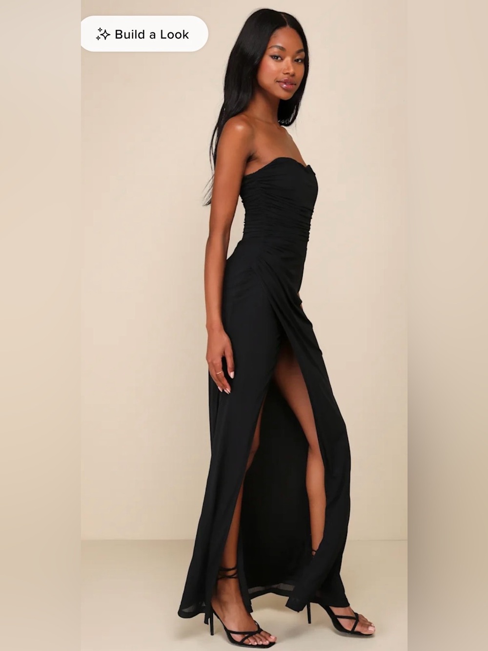Lulu's Black Strapless Ruched High-Slit Gown